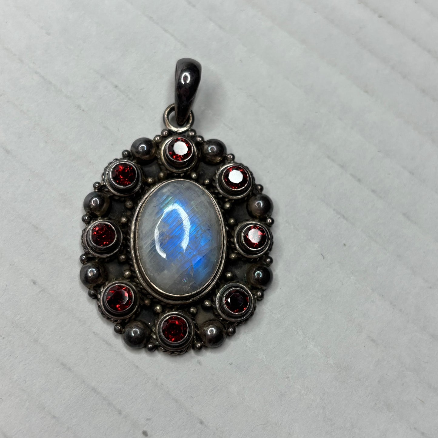 Artisan Sterling Silver Rainbow Moonstone & Garnet Pendant