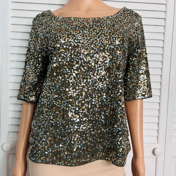 Express Half Sleeve Army Green Gold Sequin V-Dip Back Blouse Size Medium