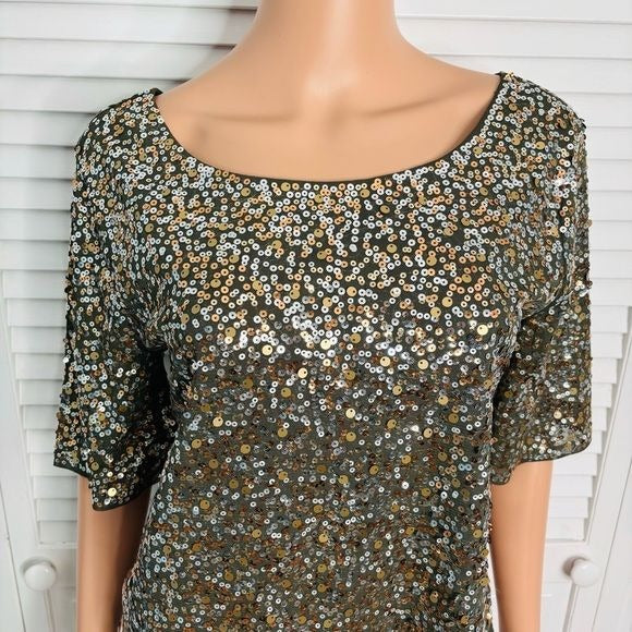 Express Half Sleeve Army Green Gold Sequin V-Dip Back Blouse Size Medium