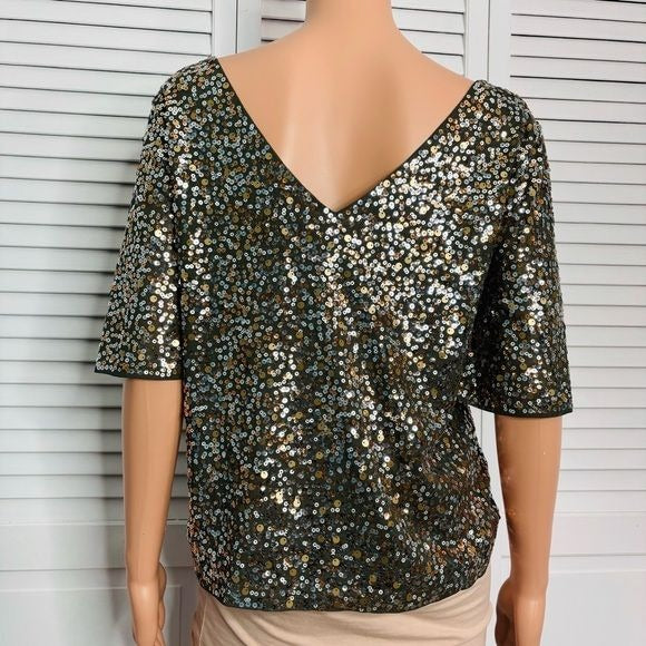 Express Half Sleeve Army Green Gold Sequin V-Dip Back Blouse Size Medium