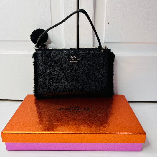 *NEW* COACH Black Shearling Trim Pebbled Leather Wristlet