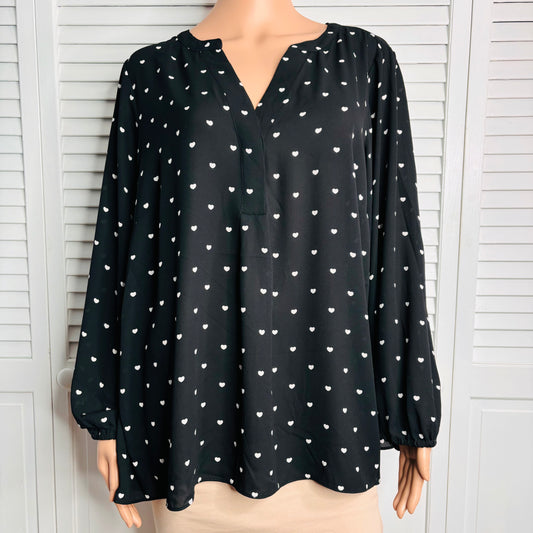 PHILOSOPHY Black Heart Print Lightweight V-Neck Blouse Size 1X