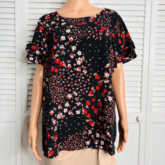 *NEW* LANE BRYANT Black Floral Ruffle Short Sleeve Blouse Size 18