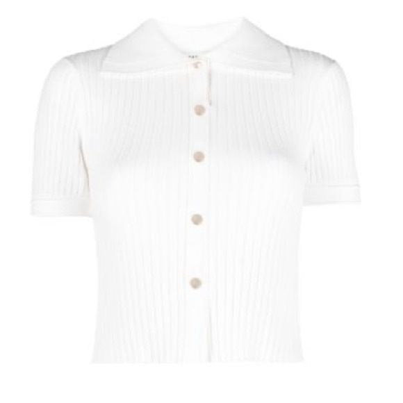 SANDRO Optical White Ribbed-Knit Polo Top Size 6