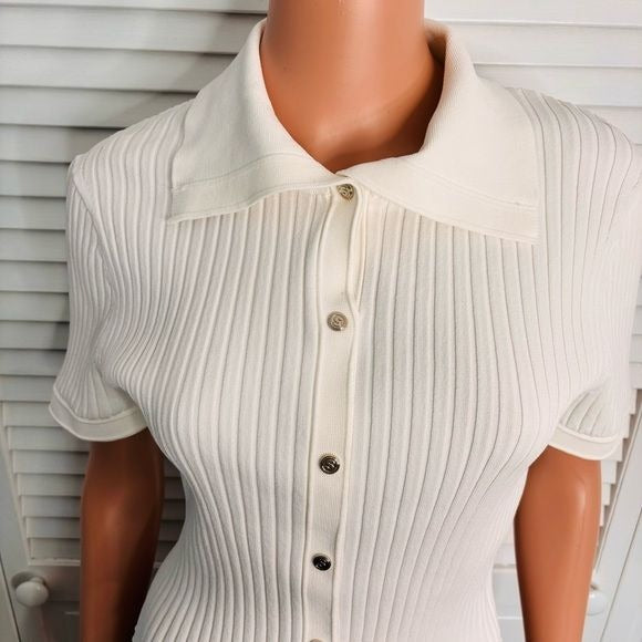 SANDRO Optical White Ribbed-Knit Polo Top Size 6