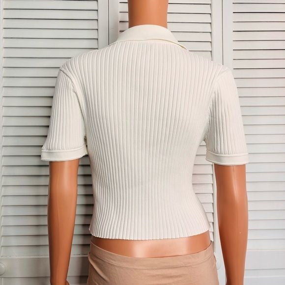 SANDRO Optical White Ribbed-Knit Polo Top Size 6