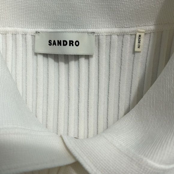 SANDRO Optical White Ribbed-Knit Polo Top Size 6