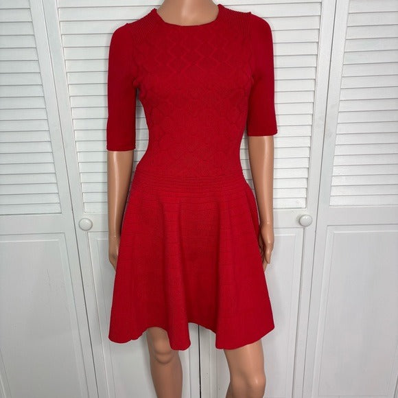 TED BAKER London Red Quilted Scallop Fit & Flare Knit Dress Size 4