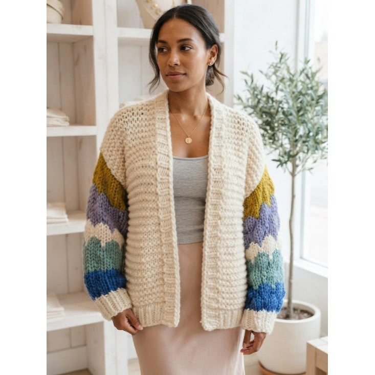 FRNCH Paris Chunky Knit Color Block Sleeve Cardigan Sweater Size Medium/Large