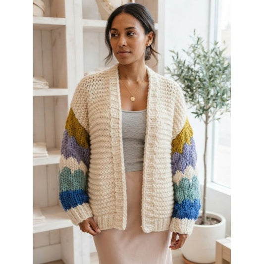 FRNCH Paris Chunky Knit Color Block Sleeve Cardigan Sweater Size Medium/Large