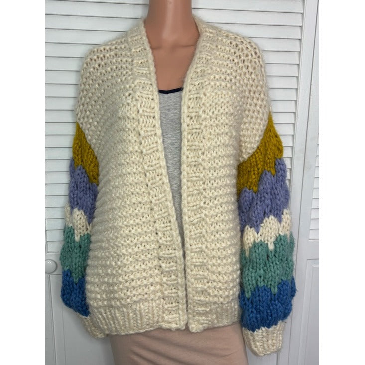FRNCH Paris Chunky Knit Color Block Sleeve Cardigan Sweater Size Medium/Large