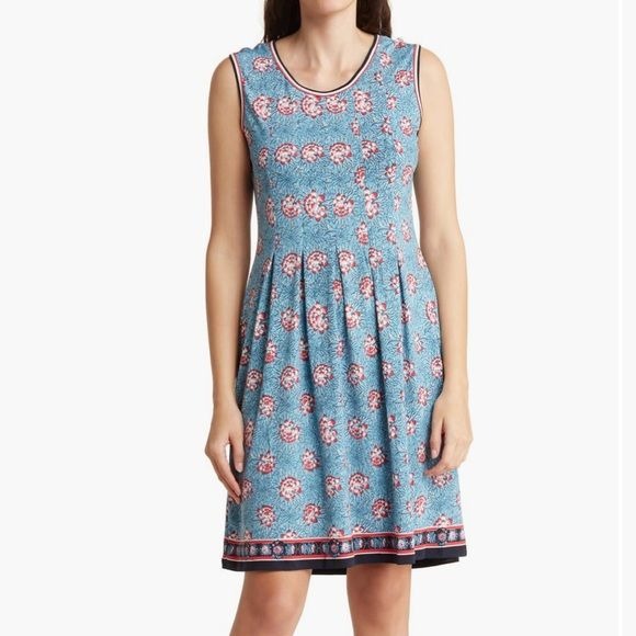 NEW CHELSEA & THEODORE Border Print Sleeveless Dress Size Medium