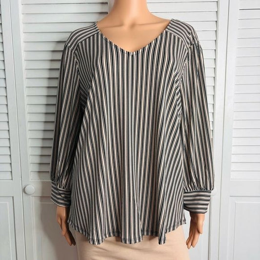 *NEW* ADRIANNA PAPELL Pink Black Striped Three-Quarter Cuff Blouse Size XL