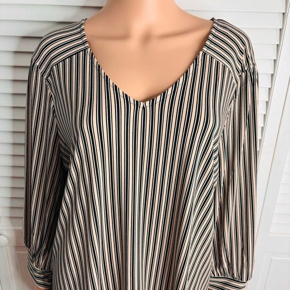 *NEW* ADRIANNA PAPELL Pink Black Striped Three-Quarter Cuff Blouse Size XL