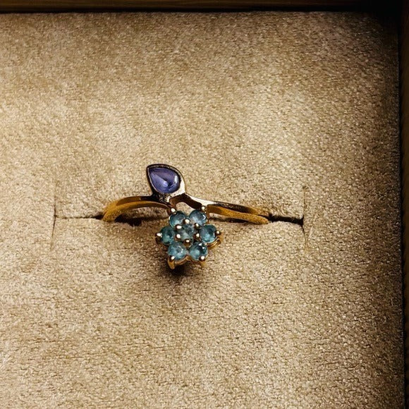 14k Solid Yellow Gold Petite Thin Natural Tanzanite and Apatite Ring Size 7