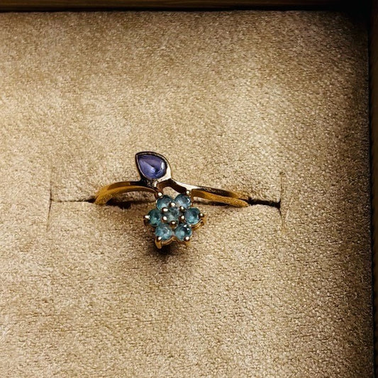 14k Solid Yellow Gold Petite Thin Natural Tanzanite and Apatite Ring Size 7