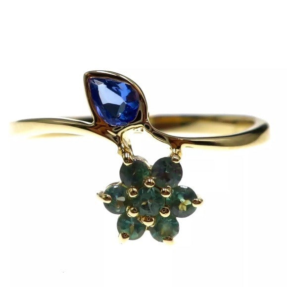 14k Solid Yellow Gold Petite Thin Natural Tanzanite and Apatite Ring Size 7