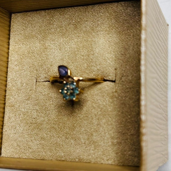 14k Solid Yellow Gold Petite Thin Natural Tanzanite and Apatite Ring Size 7