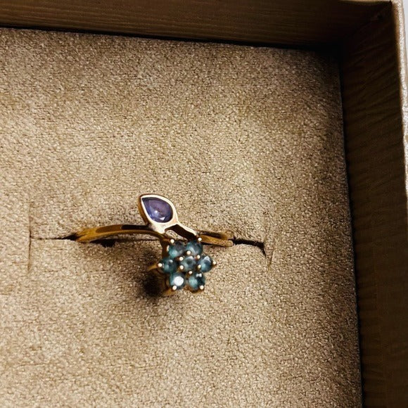 14k Solid Yellow Gold Petite Thin Natural Tanzanite and Apatite Ring Size 7