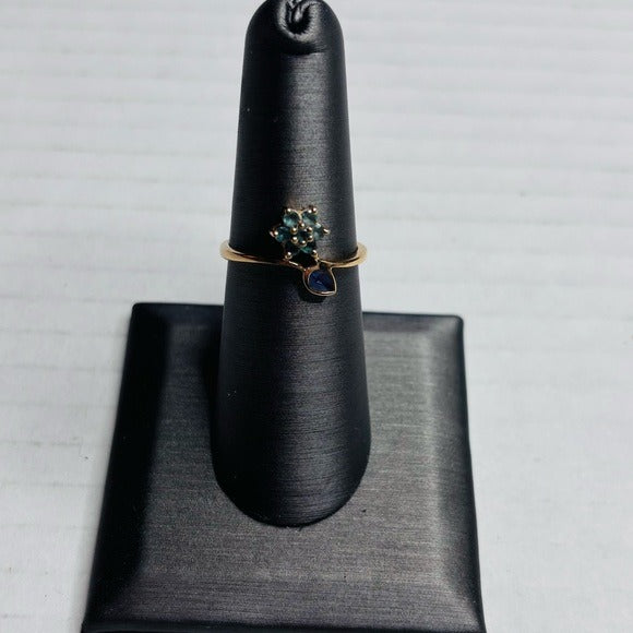 14k Solid Yellow Gold Petite Thin Natural Tanzanite and Apatite Ring Size 7
