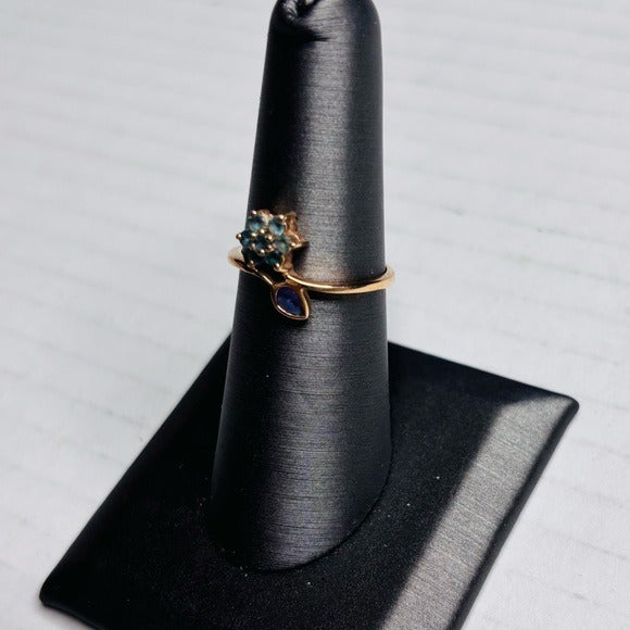 14k Solid Yellow Gold Petite Thin Natural Tanzanite and Apatite Ring Size 7