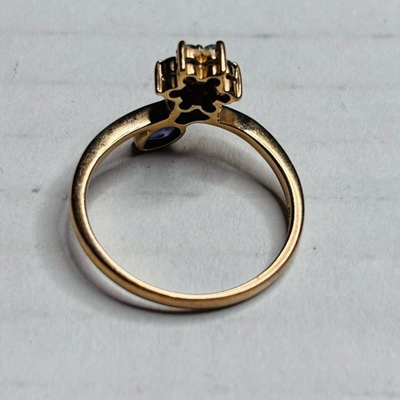 14k Solid Yellow Gold Petite Thin Natural Tanzanite and Apatite Ring Size 7