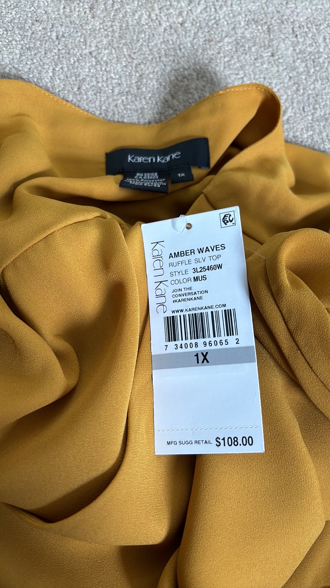 *NEW* KAREN KANE Mustard Yellow Amber Waves Ruffle Sleeve Top Size 1X