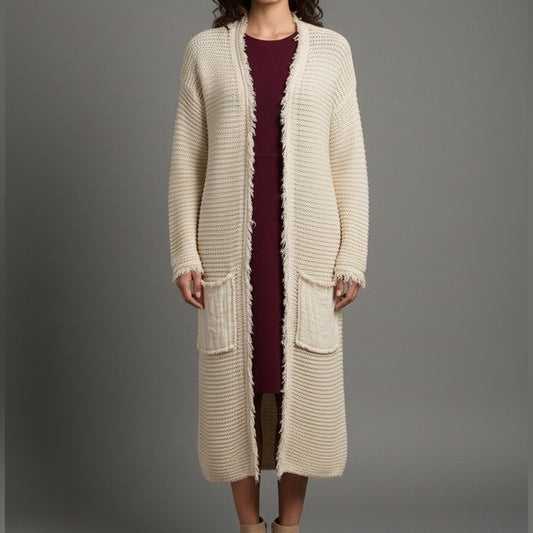 FREE PEOPLE Ivory Maxi Open-Knit Fringe Cardigan Sweater Size Small