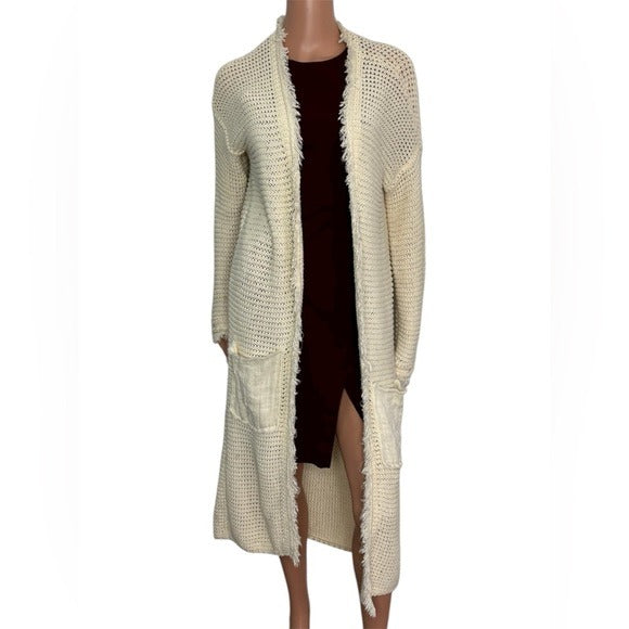 FREE PEOPLE Ivory Maxi Open-Knit Fringe Cardigan Sweater Size Small