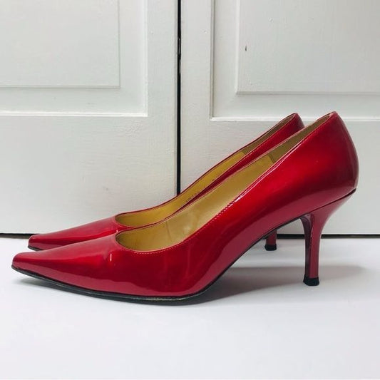 STUART WEITZMAN Candy Apple Red Patent Leather Pointed Toe Pumps 9.5M