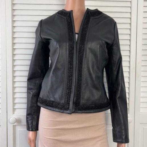 CHICO’S Black Leather Beaded Trim Jacket Size Medium