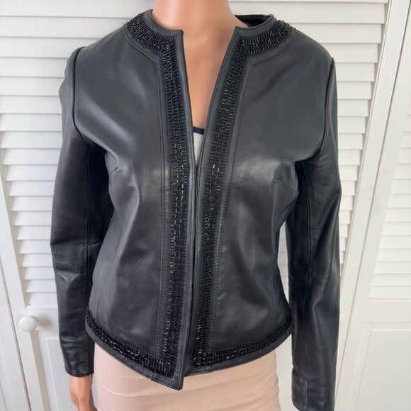 CHICO’S Black Leather Beaded Trim Jacket Size Medium