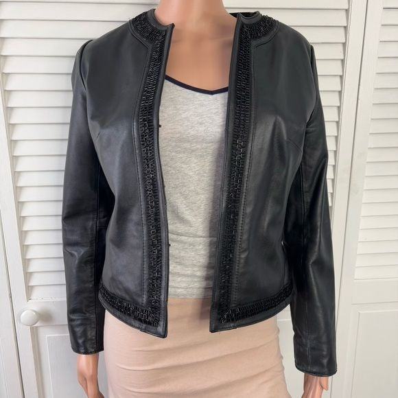 CHICO’S Black Leather Beaded Trim Jacket Size Medium