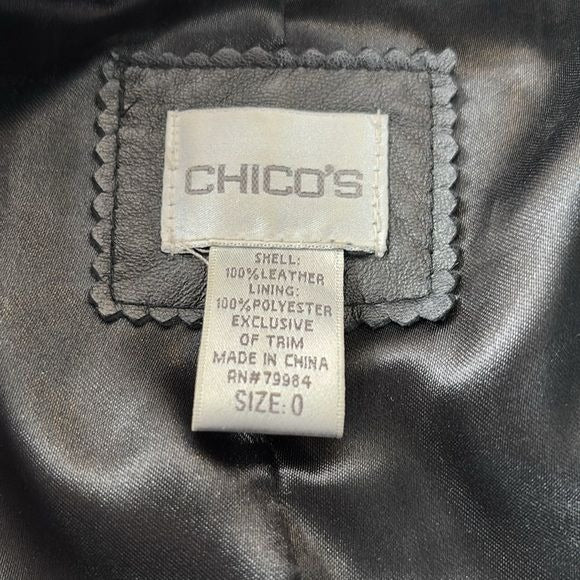 CHICO’S Black Leather Beaded Trim Jacket Size Medium