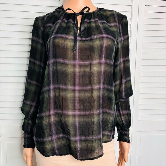 BELLA DAHL Plaid Tie Neck Top Size XS