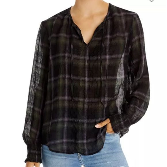 BELLA DAHL Plaid Tie Neck Top Size XS