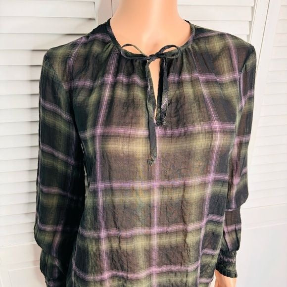 BELLA DAHL Plaid Tie Neck Top Size XS