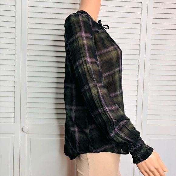 BELLA DAHL Plaid Tie Neck Top Size XS