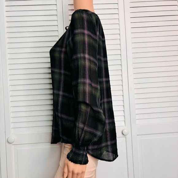 BELLA DAHL Plaid Tie Neck Top Size XS