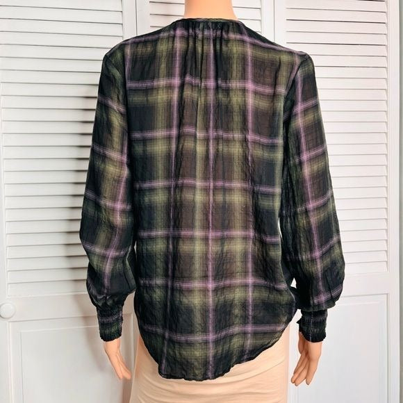 BELLA DAHL Plaid Tie Neck Top Size XS