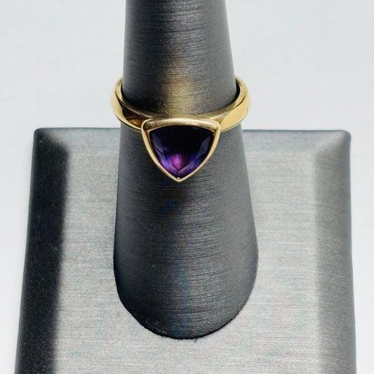 Signed 14K FP Trillion-Cut Amethyst Triangle Ring Size 7