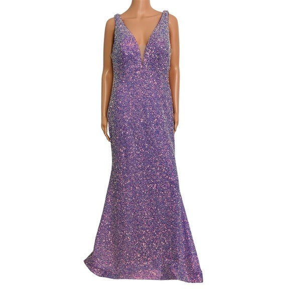 New DAVE & JOHNNY Low V-neckline Sequin Long Fitted Dress in Lilac Size 15/16