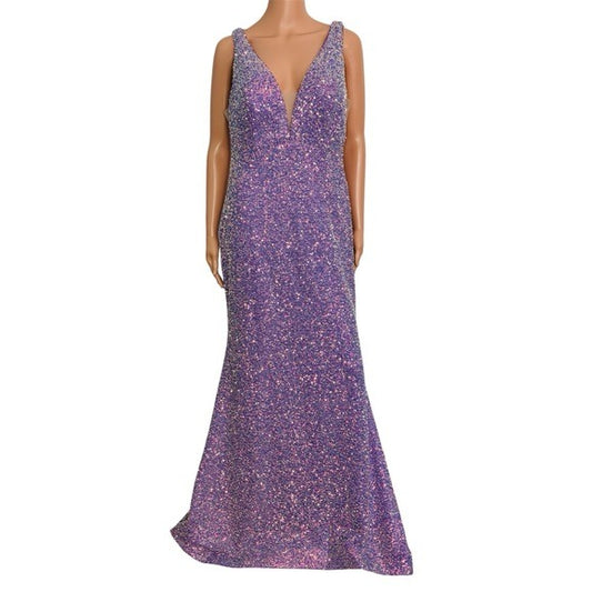 New DAVE & JOHNNY Low V-neckline Sequin Long Fitted Dress in Lilac Size 15/16