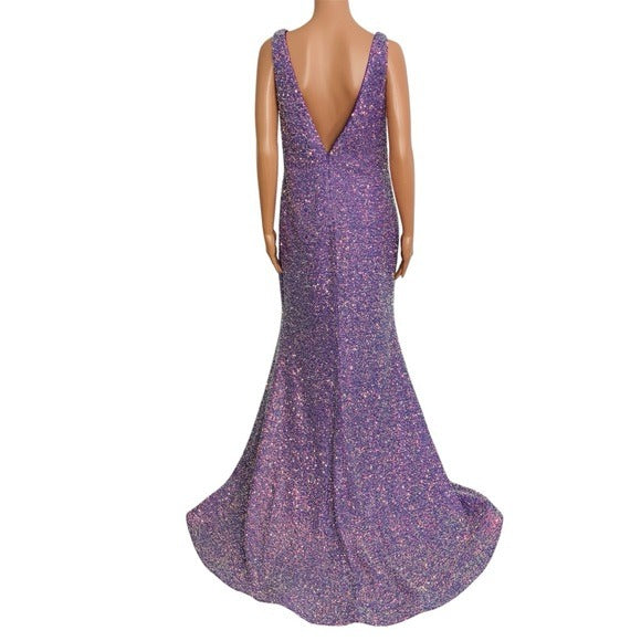 New DAVE & JOHNNY Low V-neckline Sequin Long Fitted Dress in Lilac Size 15/16