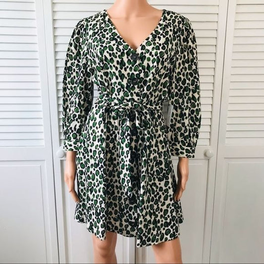 *NEW* ALEXIA ADMOR Green Leopard Print Button Front Belted Mini Dress Size 10