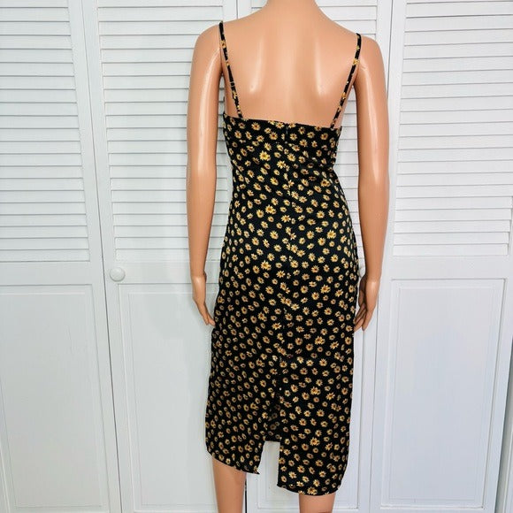 NEW WEWOREWHAT Cowl Satin Ditsy Daisies Midi Dress in Black Multi Size 0
