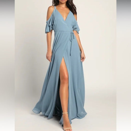 New LULUS Easy Listening Slate Blue Cold-Shoulder Wrap Maxi Dress Size Large