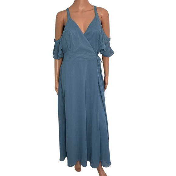 New LULUS Easy Listening Slate Blue Cold-Shoulder Wrap Maxi Dress Size Large