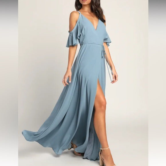 New LULUS Easy Listening Slate Blue Cold-Shoulder Wrap Maxi Dress Size Large