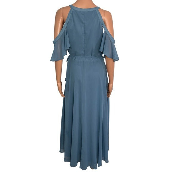 New LULUS Easy Listening Slate Blue Cold-Shoulder Wrap Maxi Dress Size Large